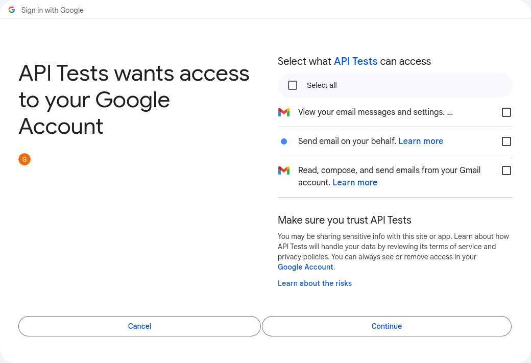 screenshot saying your app wants access to your Google account